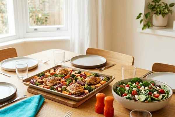 A family table set for an easy weeknight dinner with a sheet pan meal and fresh salad